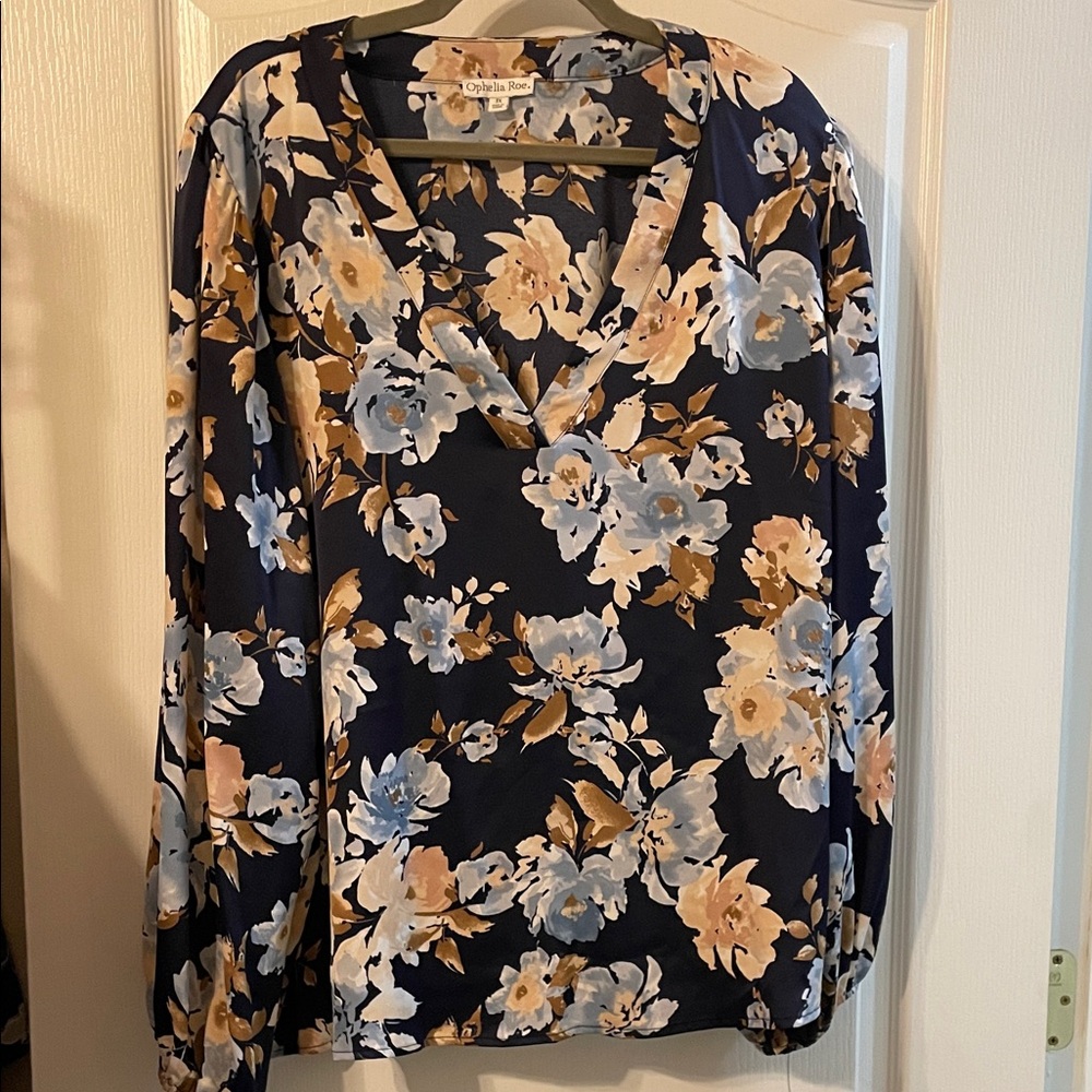 Floral V-Neck Blouse - Navy and Beige